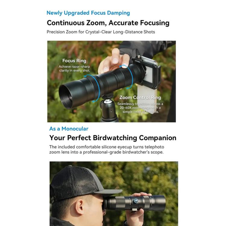 APEXEL TeleCular 3 20X-60X Zoom Lens Kit for Smartphones HD Super Telephoto Long-Range Shooting with Tripod Adapter - Combination Lens by APEXEL | Online Shopping UK | buy2fix