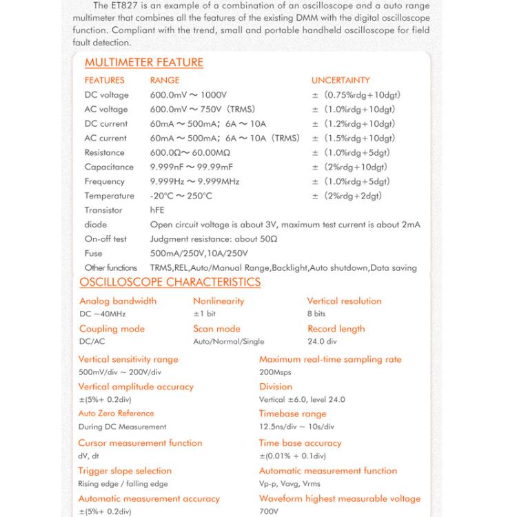 TOOLTOP ET827 Oscilloscope Multimeter 200Msps Sampling Rate 40MHz Oscilloscope + Multimeter 2 In 1 - Digital Multimeter by TOOLTOP | Online Shopping UK | buy2fix