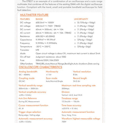 TOOLTOP ET827 Oscilloscope Multimeter 200Msps Sampling Rate 40MHz Oscilloscope + Multimeter 2 In 1 - Digital Multimeter by TOOLTOP | Online Shopping UK | buy2fix