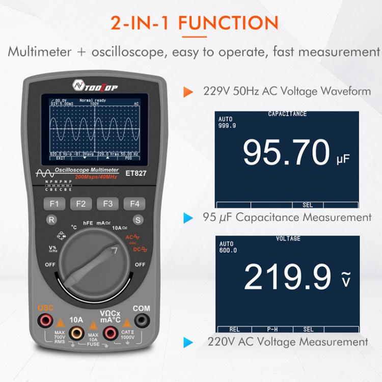 TOOLTOP ET827 Oscilloscope Multimeter 200Msps Sampling Rate 40MHz Oscilloscope + Multimeter 2 In 1 - Digital Multimeter by TOOLTOP | Online Shopping UK | buy2fix