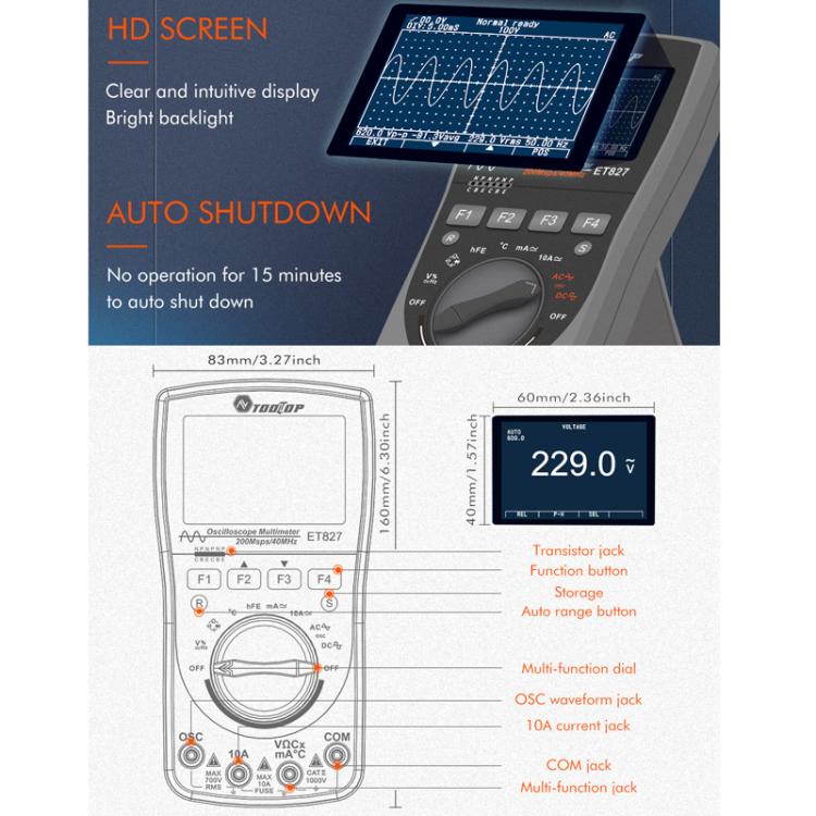 TOOLTOP ET827 Oscilloscope Multimeter 200Msps Sampling Rate 40MHz Oscilloscope + Multimeter 2 In 1 - Digital Multimeter by TOOLTOP | Online Shopping UK | buy2fix