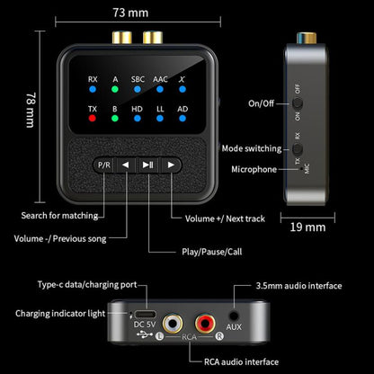 2-in-1 Bluetooth 5.4 Audio Transceiver HiFi Transmitter/Receiver, HD Calls, RCA/3.5mm AUX for Car/Home Stereo - Audio Receiver Transmitter by buy2fix | Online Shopping UK | buy2fix