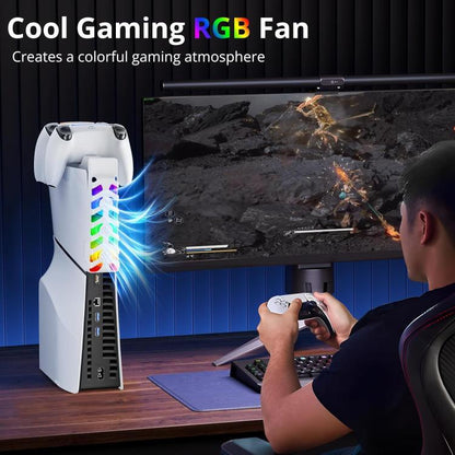 For PS5 Slim Controller 2-in-1 Charging Station Cooling Fan With RGB Lighting(White) - Charger & Power by buy2fix | Online Shopping UK | buy2fix
