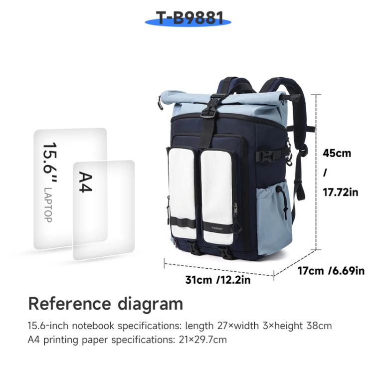 Tigernu Unisex Waterproof Travel Backpack Roll-Top Expandable Design with 15.6-inch Laptop & Tablet Compartment(Sky Blue) - Backpack by Tigernu | Online Shopping UK | buy2fix