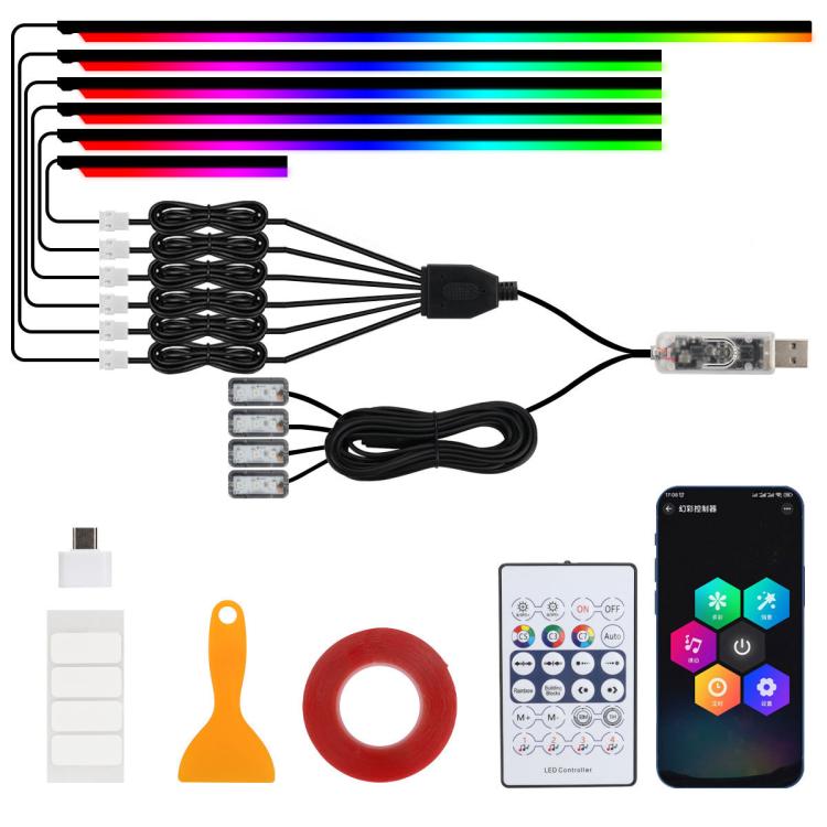 3 Control App Remote Control Colorful Car Interior Ambient Lighting Modified LED Acrylic USB Car Ambient Lighting, Spec: 110cm+75cm x 4+35cm+Footlight x 4 10 In 1 - Atmosphere lights by buy2fix | Online Shopping UK | buy2fix