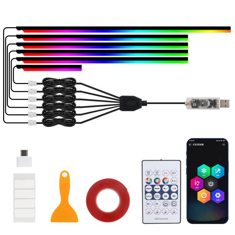 3 Control App Remote Control Colorful Car Interior Ambient Lighting Modified LED Acrylic USB Car Ambient Lighting, Spec: 110cm+75cm x 4+35cm 6 In 1 - Atmosphere lights by buy2fix | Online Shopping UK | buy2fix