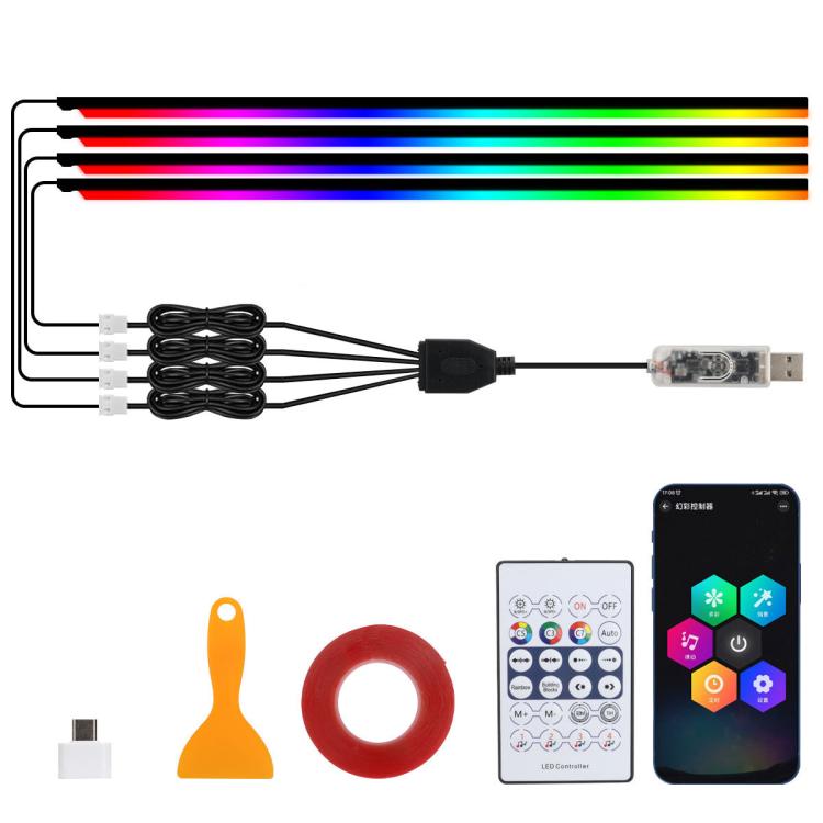 3 Control App Remote Control Colorful Car Interior Ambient Lighting Modified LED Acrylic USB Car Ambient Lighting, Spec: 110cm x 4 4 In 1 - Atmosphere lights by buy2fix | Online Shopping UK | buy2fix
