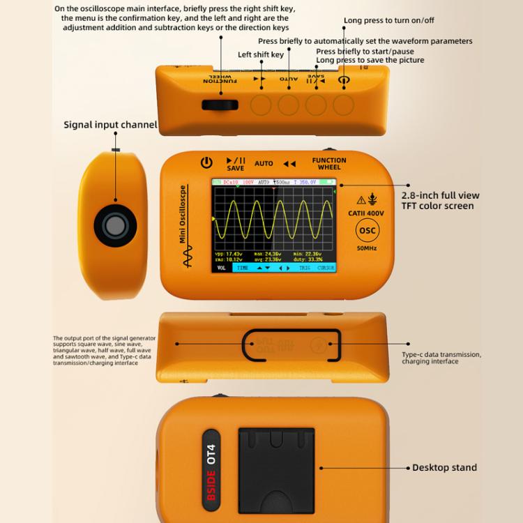 BSIDE OT4 Miniature Oscilloscope Signal Generator Rechargeable Handheld Color Screen 50MHz Oscilloscope - Other Tester Tool by BSIDE | Online Shopping UK | buy2fix