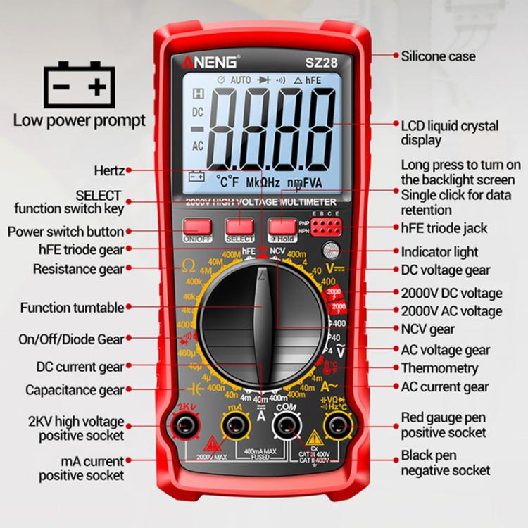 ANENG 2000V High Voltage High Precision Photovoltaic Digital Multimeter(SZ28 Red) - Digital Multimeter by ANENG | Online Shopping UK | buy2fix