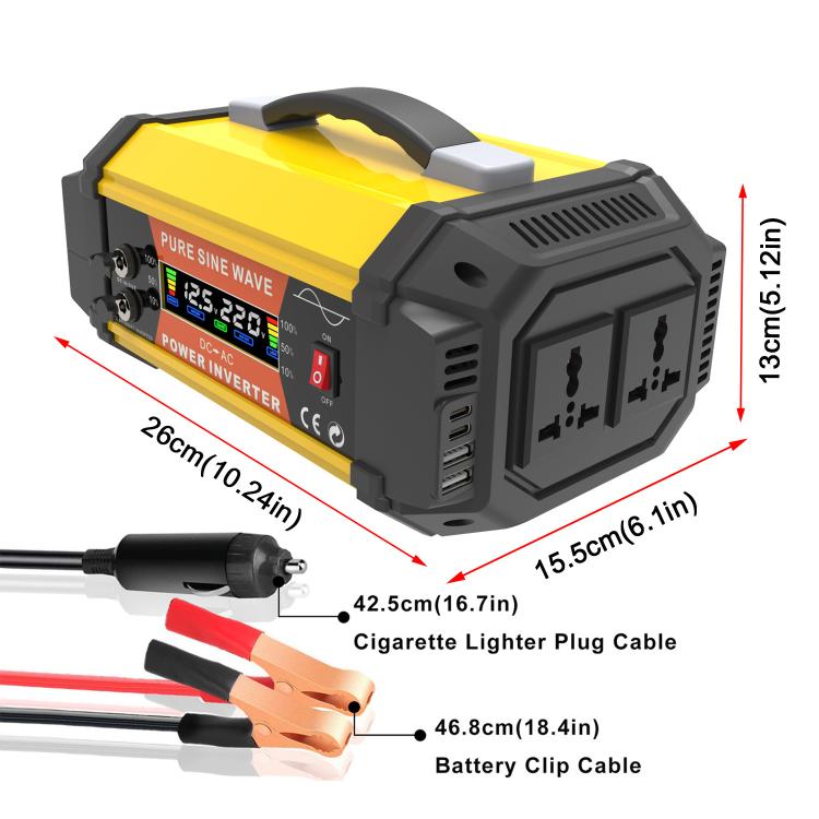 Gurxun Pure Sine Wave Inverter With Dual AC Outlets 2 USB + 2 Type-C Ports Car Power Converter, Spec: PQ1000W Universal Socket 12V To 220V - Pure Sine Wave by Gurxun | Online Shopping UK | buy2fix