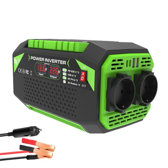 Gurxun Car Pure Sine Wave Inverter Dual AC Sockets + 2 USB + 2 Type-C Ports Outdoor Car Power Converter, Spec: 300W EU Plug