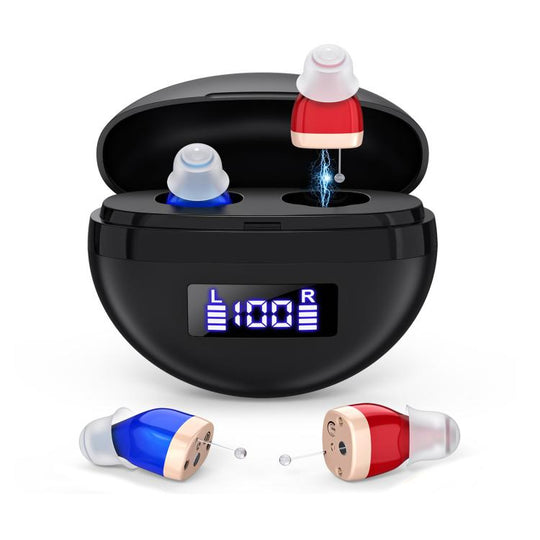 Hearing Aids With Digital Display Charging Case Noise Cancelling Invisible In-Ear Sound Amplifier(Red Blue+Black Case)
