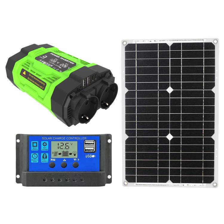 Gurxun Modified Wave Inverter With 18W Solar Panel + 30A Controller Dual Socket + 2 USB + 2 Type-C Ports, Spec: 300W EU Plug 12V To 220V - Modified Square Wave by Gurxun | Online Shopping UK | buy2fix