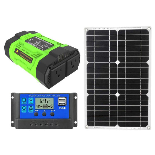 Gurxun Modified Wave Inverter With 18W Solar Panel + 30A Controller Dual Socket + 2 USB + 2 Type-C Ports, Spec: 300W US Plug 12V To 110V