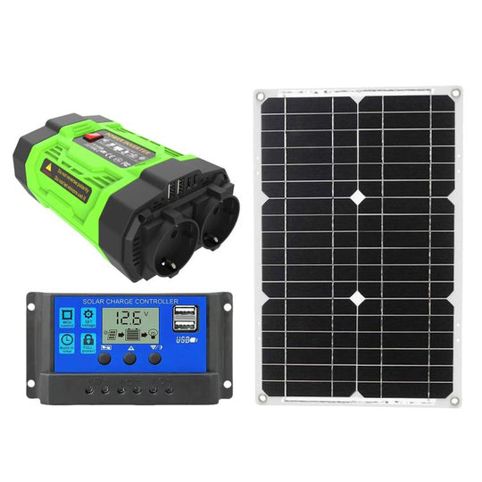 Gurxun 200W Modified Wave Inverter With 18W Solar Panel + 30A Controller Dual Socket + 2 USB + 2 Type-C Ports, Spec: EU Plug 12V To 220V