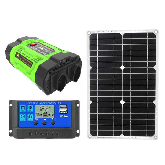 Gurxun 200W Modified Wave Inverter With 18W Solar Panel + 30A Controller Dual Socket + 2 USB + 2 Type-C Ports, Spec: Brazil Plug 12V To 110V