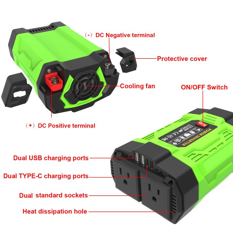 Gurxun 200W Modified Wave Inverter With 18W Solar Panel + 30A Controller Dual Socket + 2 USB + 2 Type-C Ports, Spec:  Universal Socket 12V To 110V - Modified Square Wave by Gurxun | Online Shopping UK | buy2fix