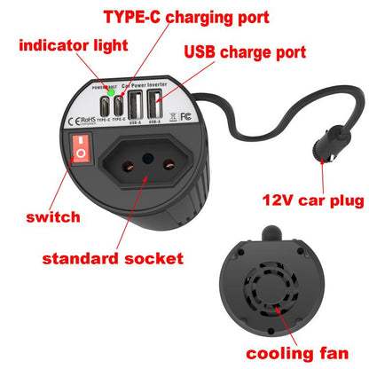 Gurxun 200W Modified Wave Intelligent Car Inverter Dual USB + Dual Type-C Port Car Power Converter, Spec: Brazil Plug 12V To 110V - Modified Square Wave by Gurxun | Online Shopping UK | buy2fix