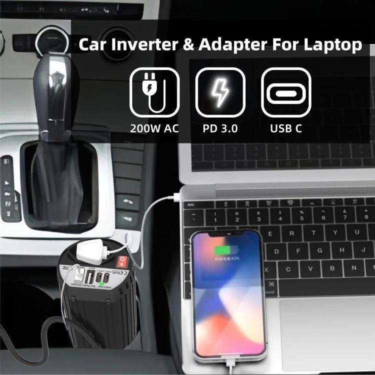 Gurxun 200W Modified Wave Intelligent Car Inverter Dual USB + Dual Type-C Port Car Power Converter, Spec: Universal Socket 12V To 220V - Modified Square Wave by Gurxun | Online Shopping UK | buy2fix