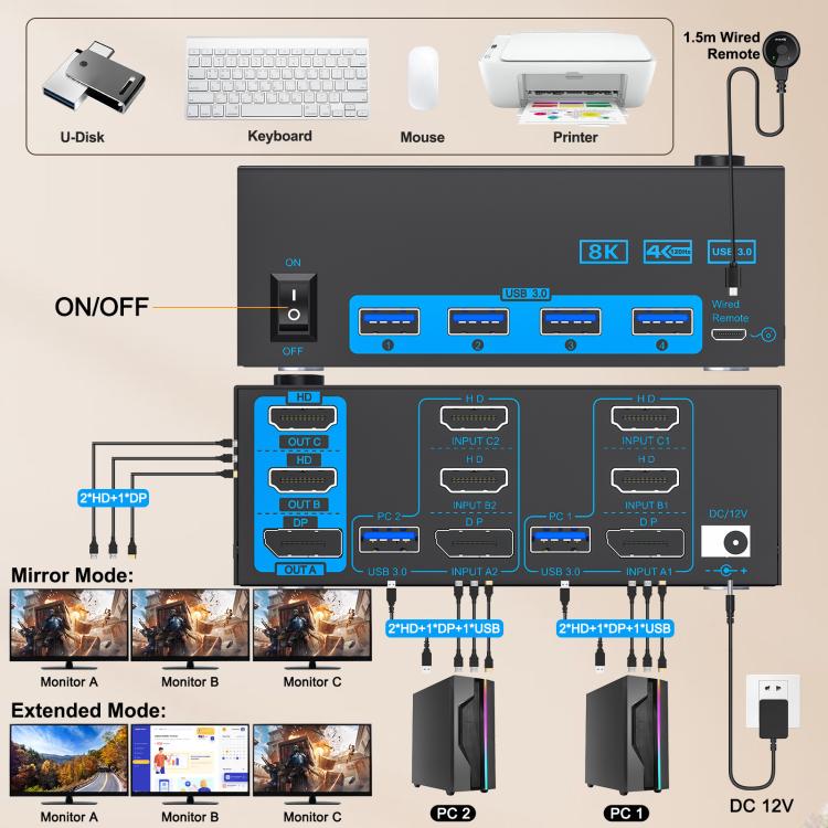 YOUTING YT-203HD 2 In 3 Out KVM USB3.0 Switch UK Plug - Switch by YOUTING | Online Shopping UK | buy2fix