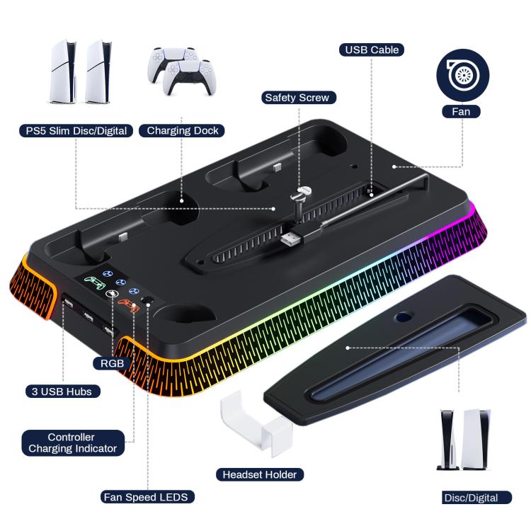 For PS5 Pro / PS5 Slim / PS5 Multifunctional Cooling Base With Dual Handle Charging Dock, Style: YH66S Piano Style With Colorful Light White - Charger & Power by buy2fix | Online Shopping UK | buy2fix