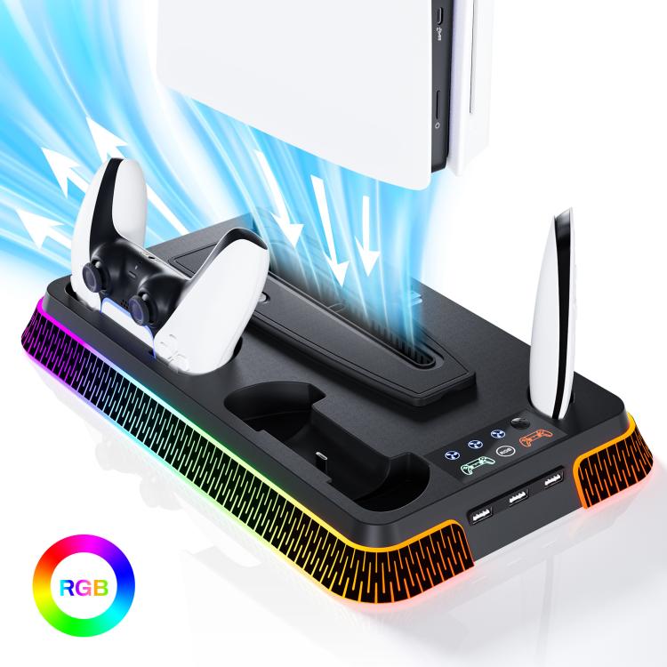 For PS5 Pro / PS5 Slim / PS5 Multifunctional Cooling Base With Dual Handle Charging Dock, Style: YH66S Piano Style With Colorful Light Black - Charger & Power by buy2fix | Online Shopping UK | buy2fix
