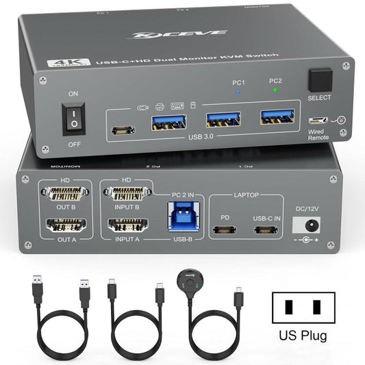 KVEVE KC-KVM202CH USB 3.0 Dual Monitor 4K 60Hz KVM Switch US Plug - Switch by KVEVE | Online Shopping UK | buy2fix