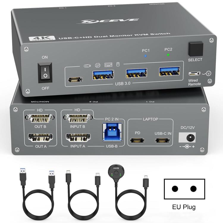 KVEVE KC-KVM202CH USB 3.0 Dual Monitor 4K 60Hz KVM Switch EU Plug - Switch by KVEVE | Online Shopping UK | buy2fix