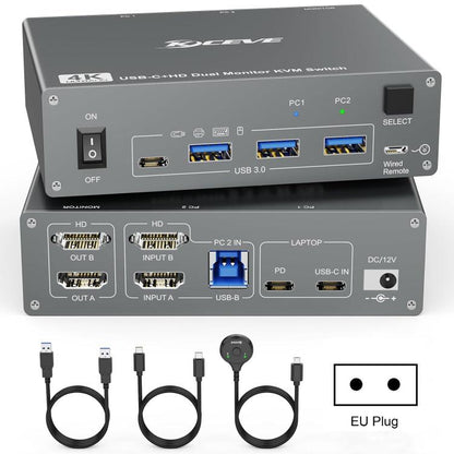 KVEVE KC-KVM202CH USB 3.0 Dual Monitor 4K 60Hz KVM Switch EU Plug - Switch by KVEVE | Online Shopping UK | buy2fix