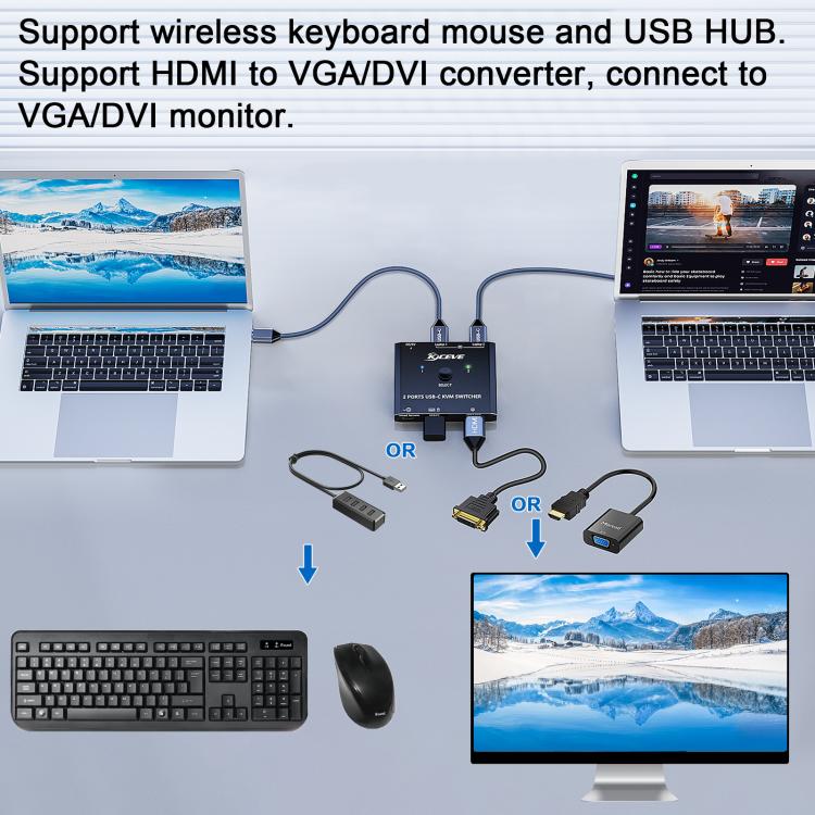 KCEVE KC-C201H 2 Type-C Input 1 Output KVM Switch Support 4K 60Hz - Switch by KCEVE | Online Shopping UK | buy2fix
