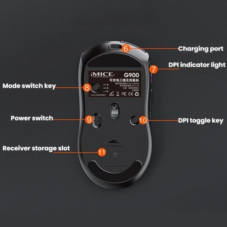 iMICE G900 6 Keys 12800DPI Gaming Mouse Rechargeable Tri-Ode Wireless Mouse(Black) - Wireless Mice by iMICE | Online Shopping UK | buy2fix