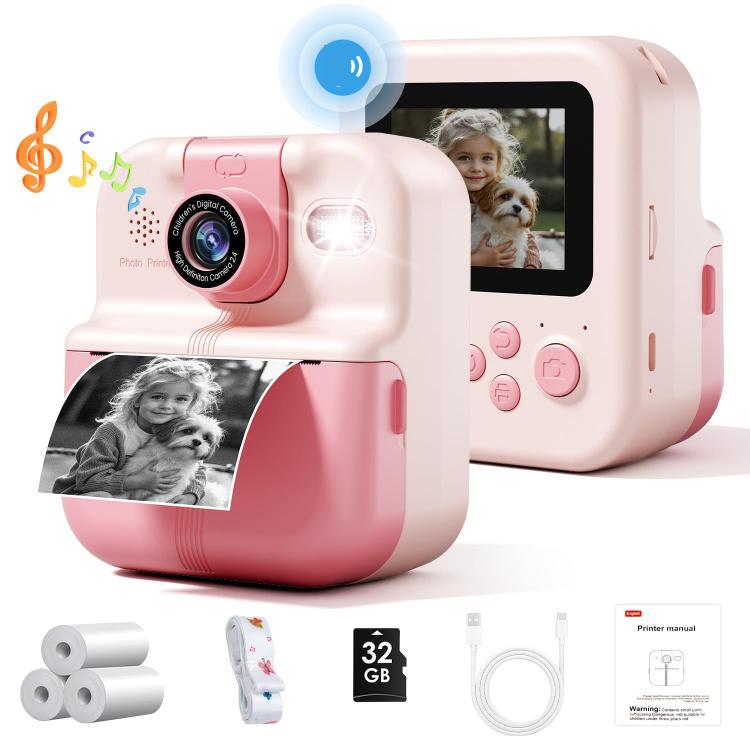 P02 Kids Instant Print Camera with 180-degree Flip Lens & 32GB Memory Card Selfie Photo Printing Toy(Pink) - Children Cameras by buy2fix | Online Shopping UK | buy2fix