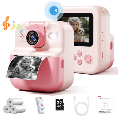 P02 Kids Instant Print Camera with 180-degree Flip Lens & 32GB Memory Card Selfie Photo Printing Toy(Pink) - Children Cameras by buy2fix | Online Shopping UK | buy2fix