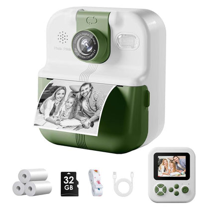 P02 Kids Instant Print Camera with 180-degree Flip Lens & 32GB Memory Card Selfie Photo Printing Toy(Green) - Children Cameras by buy2fix | Online Shopping UK | buy2fix