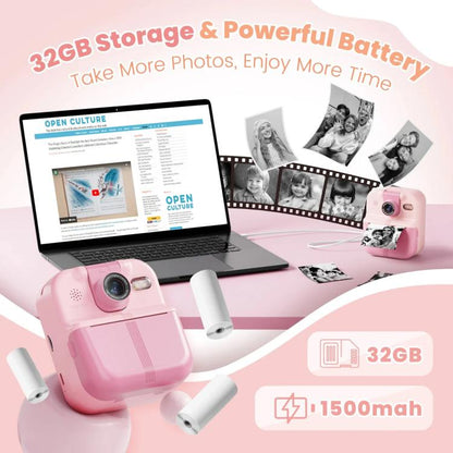 P02 Kids Instant Print Camera with 180-degree Flip Lens & 32GB Memory Card Selfie Photo Printing Toy(Pink) - Children Cameras by buy2fix | Online Shopping UK | buy2fix
