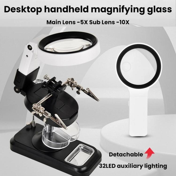 5x 10x Desktop Handheld Magnifying Glass 32 LEDs Soldering Iron Maintenance Workbench(White) - Repair Platform by buy2fix | Online Shopping UK | buy2fix