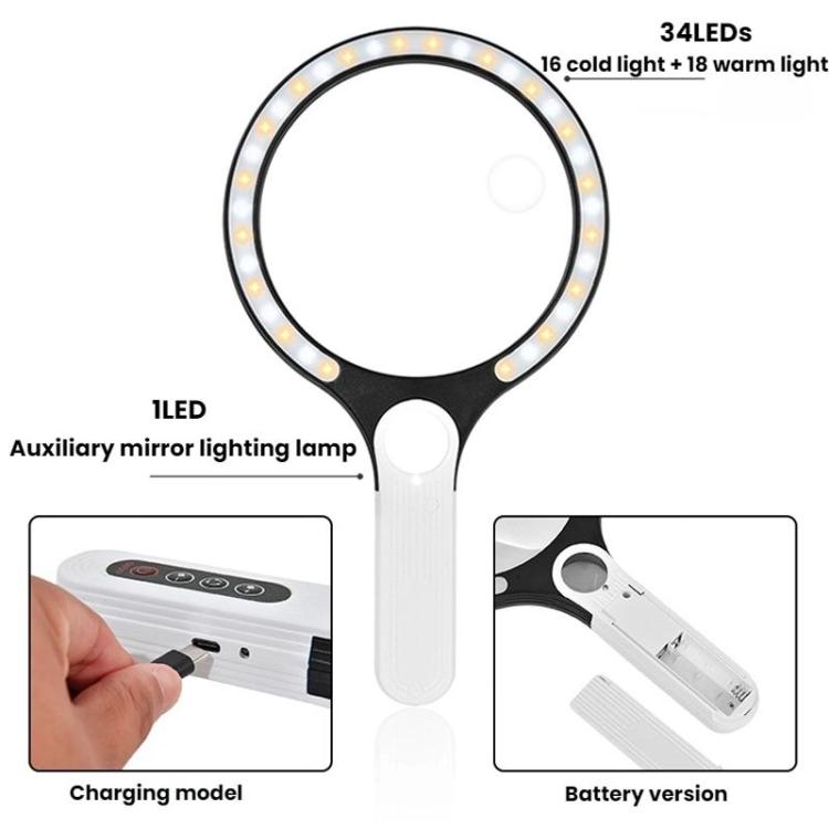 5/10/20X 13.5cm 3 Colors LED Handheld Magnifying Glass Adjustable Brightness For Reading, Spec: Battery - Hand Held Style by buy2fix | Online Shopping UK | buy2fix