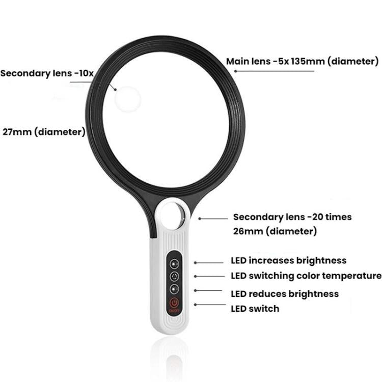 5/10/20X 13.5cm 3 Colors LED Handheld Magnifying Glass Adjustable Brightness For Reading, Spec: Battery - Hand Held Style by buy2fix | Online Shopping UK | buy2fix