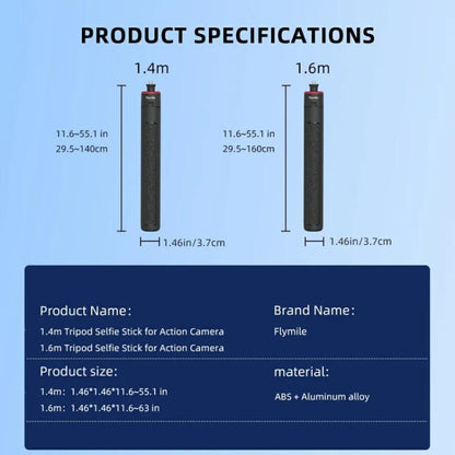 Flymile 1.6m Extendable Selfie Stick Tripod For Action Cameras One-Button Quick Setup Monopod With Wide-Angle View - Extendable Pole by Flymile | Online Shopping UK | buy2fix