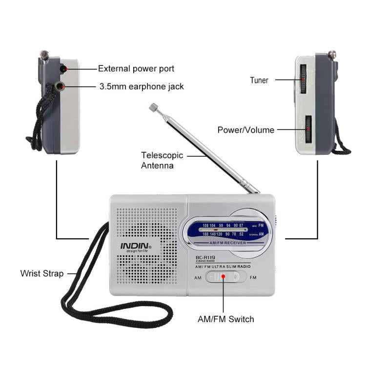 INDIN BC-R119 Portable AM/FM Radio for Seniors 530-1610KHz AM & 88-108MHz FM Lightweight Emergency Radio(Silver) - Radio Player by INDIN | Online Shopping UK | buy2fix