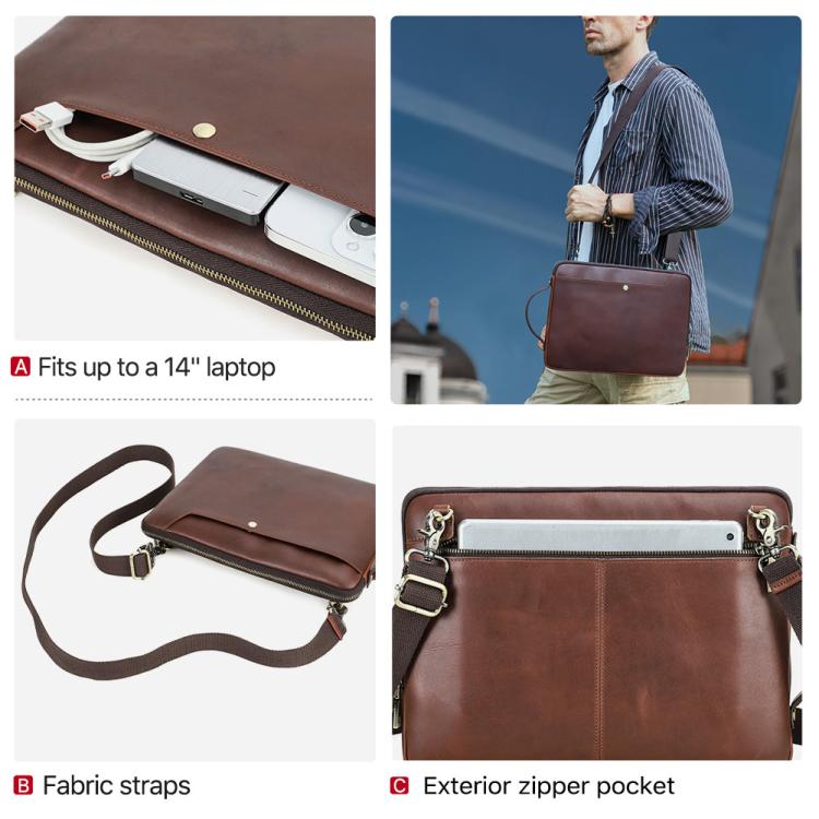 CONTACTS FAMILY 14.2 Inch Crazy Horse Leather Messenger Bag Vintage Crossbody Laptop Briefcase(Brown) - 14.1 inch by buy2fix | Online Shopping UK | buy2fix