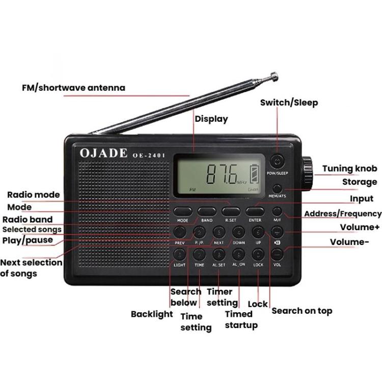 OJADE OE-2401 Full-Band Full-Channel Portable High Sensitivity Digital Display Bluetooth Stereo Radio(Black) - Radio Player by OJADE | Online Shopping UK | buy2fix