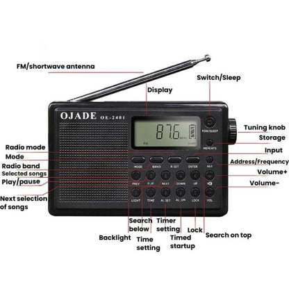 OJADE OE-2401 Full-Band Full-Channel Portable High Sensitivity Digital Display Bluetooth Stereo Radio(Black) - Radio Player by OJADE | Online Shopping UK | buy2fix