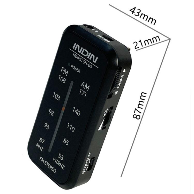 INDIN SH05 Mini Stereo AM/FM Radio With Earphone & Stainless Steel Clip(Black) - Radio Player by INDIN | Online Shopping UK | buy2fix