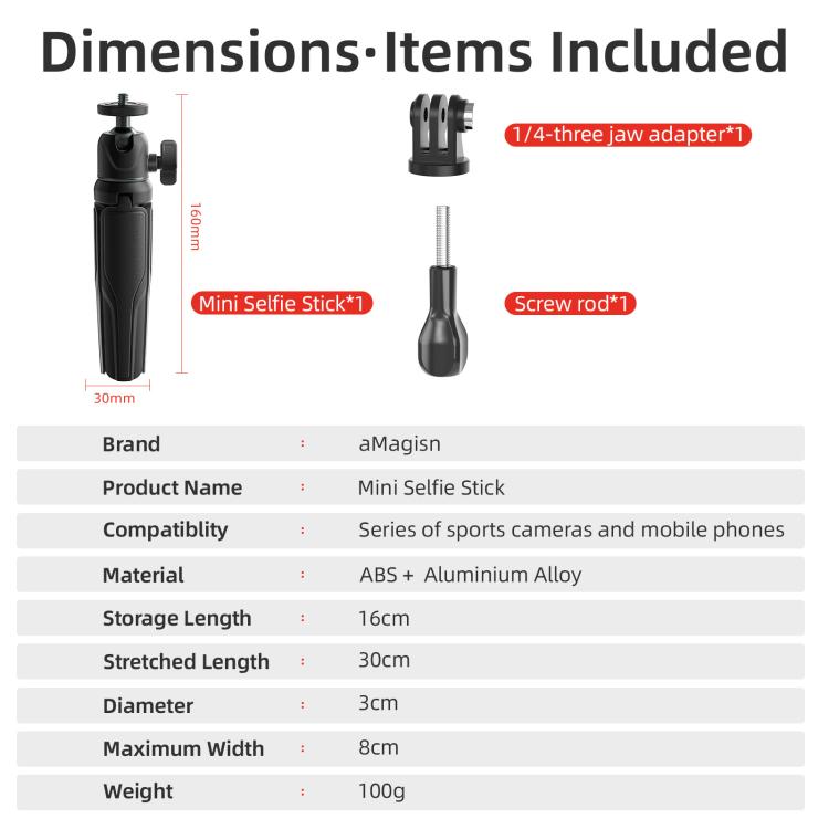 aMagisn Mini Tripod Selfie Stick with 360-degree Ball Head Adjustable Phone/Camera Mount for Travel, Vlogging & Live Streaming(Black) - Stand by aMagisn | Online Shopping UK | buy2fix