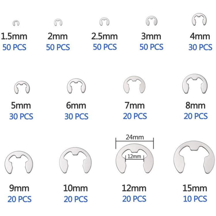 400pcs /Set 1.5-15mm Stainless Steel E-Type Open Circlips Boxed(222g) - Engine Fittings by buy2fix | Online Shopping UK | buy2fix