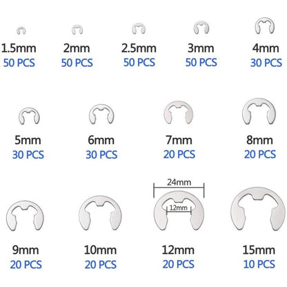 400pcs /Set 1.5-15mm Stainless Steel E-Type Open Circlips Boxed(222g) - Engine Fittings by buy2fix | Online Shopping UK | buy2fix