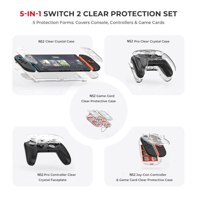 For Nintendo Switch 2 JYS 5-in-1 Crystal Case Full Protection Set Includes Console Shell, Joy-con & Pro Controller Cover, Faceplate, Game Cartridge Case - Cases by JYS | Online Shopping UK | buy2fix