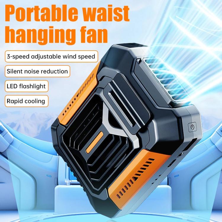 F66 Rechargeable Waist-Mounted Clip Fan With 3-Speed Settings & LED Flashlight Hands-Free Cooling For Construction, Outdoor Work, Hiking(Orange) - Electric Fans by buy2fix | Online Shopping UK | buy2fix