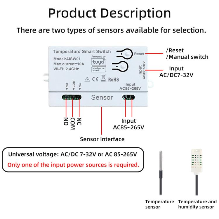 Graffiti WIFI Temperature Dry Contact Switch Module APP Remote Control Switch, Supports Google / Alexa Voice, Spec: With 1m Cable - Thermostat & Thermometer by buy2fix | Online Shopping UK | buy2fix